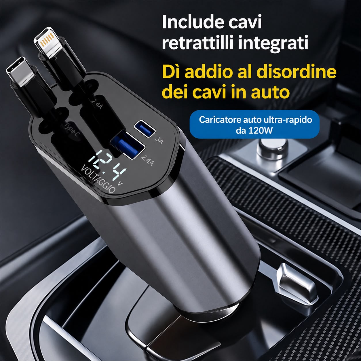 Caricatore Auto Retrattile 4 in 1