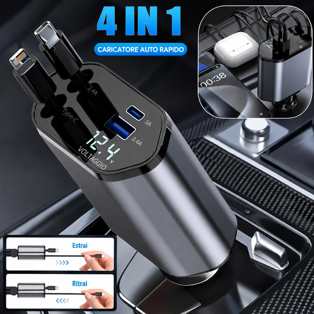 Caricatore Auto Retrattile 4 in 1